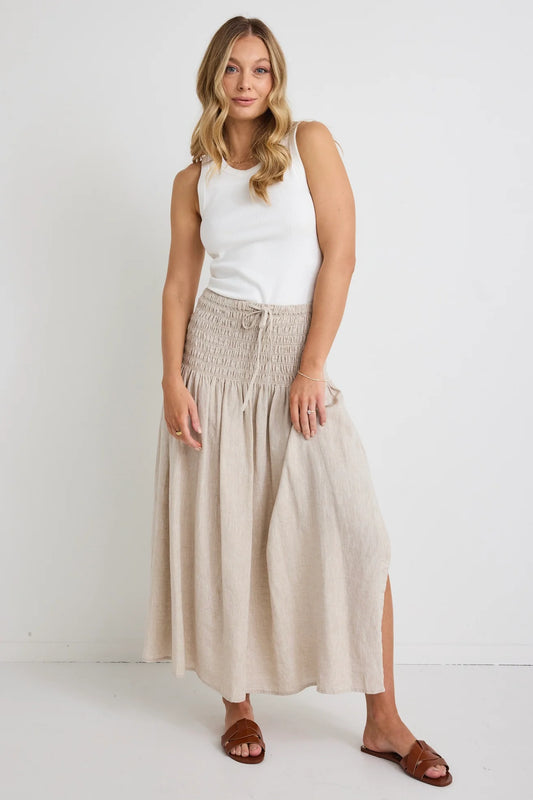 REUNION Byron Natural Linen Shirred Waist Maxi Skirt