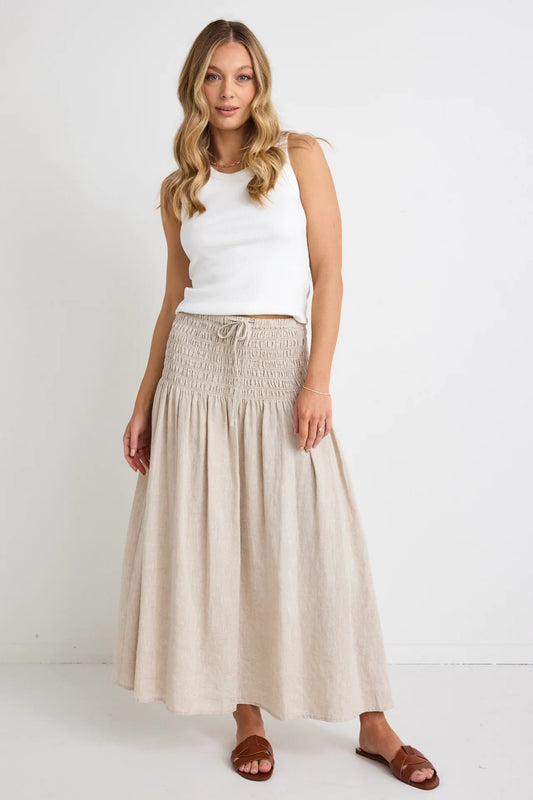 REUNION Byron Natural Linen Shirred Waist Maxi Skirt