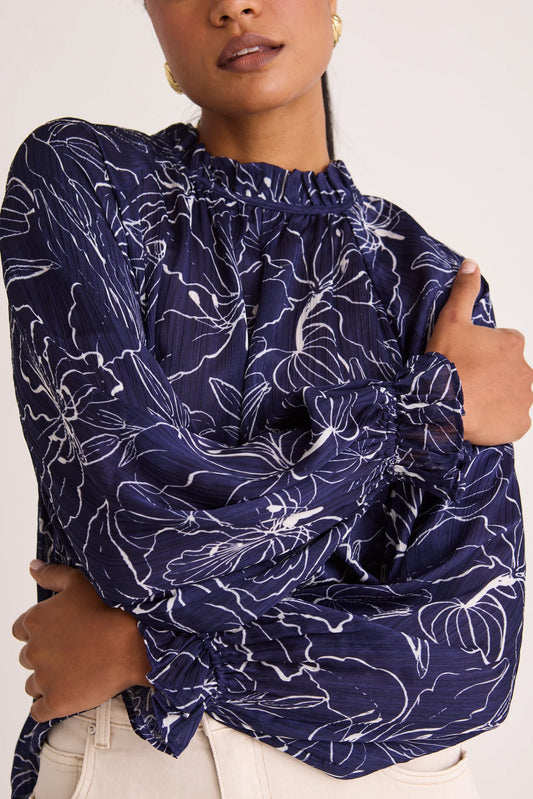 AMONG THE BRAVE Together Blue Hibiscus Frill Neck Top