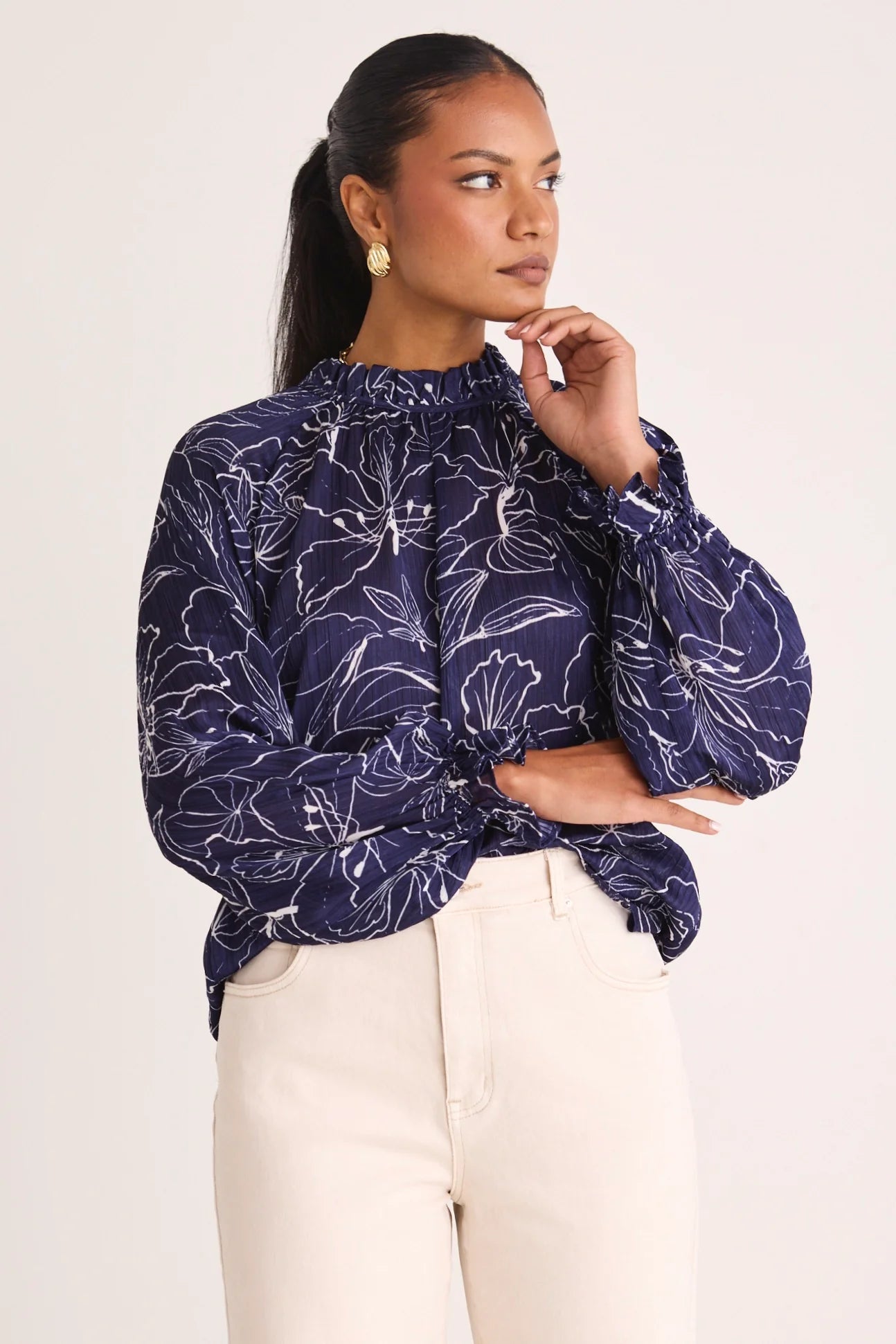 AMONG THE BRAVE Together Blue Hibiscus Frill Neck Top