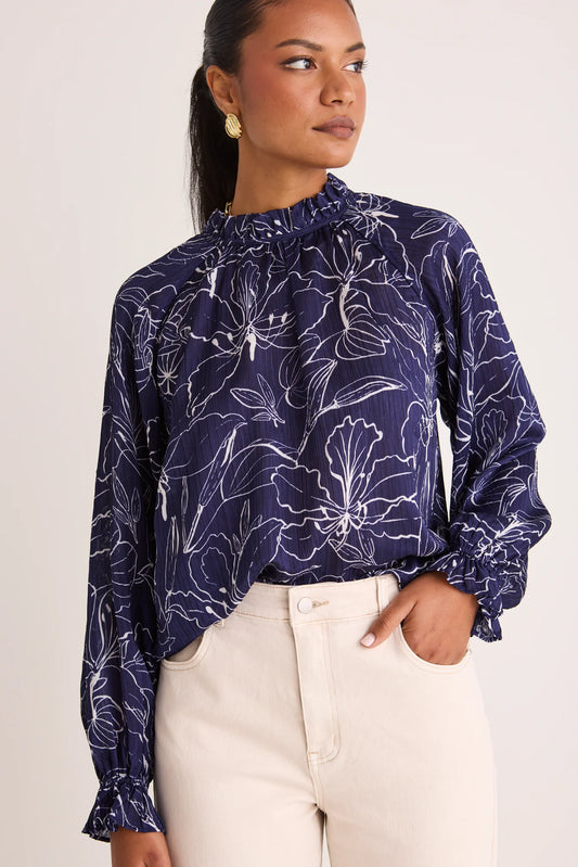 AMONG THE BRAVE Together Blue Hibiscus Frill Neck Top