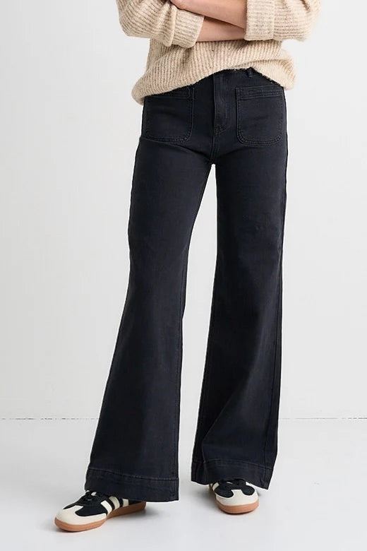 AMONG THE BRAVE Zoey Black High Rise Wide Leg Pocket Jean Washed Black