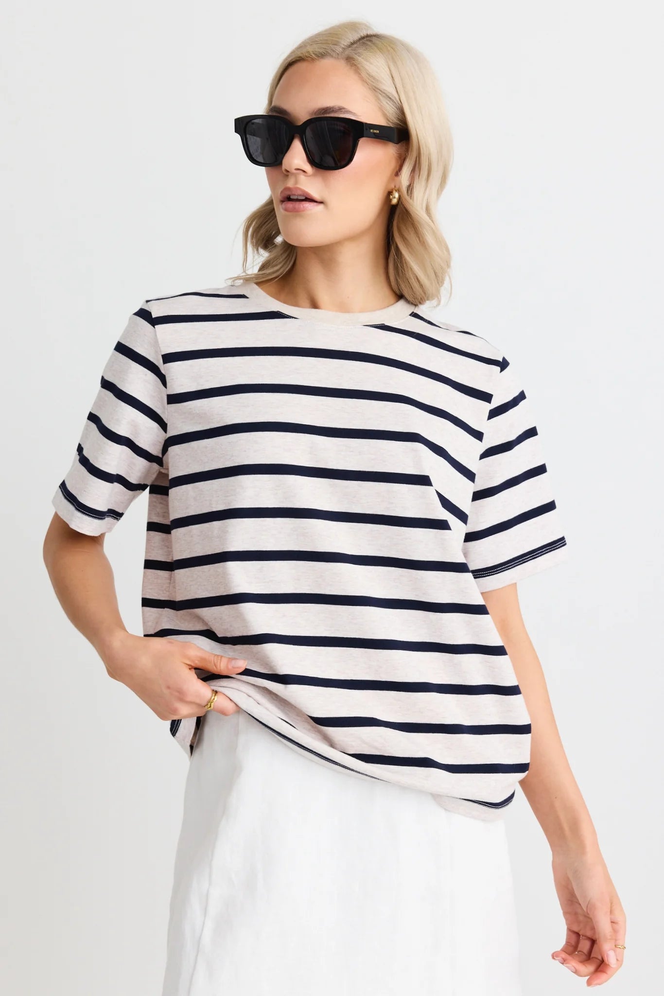 RE:UNION Binding Boxy Fit Stripe Tee Navy/Ecru