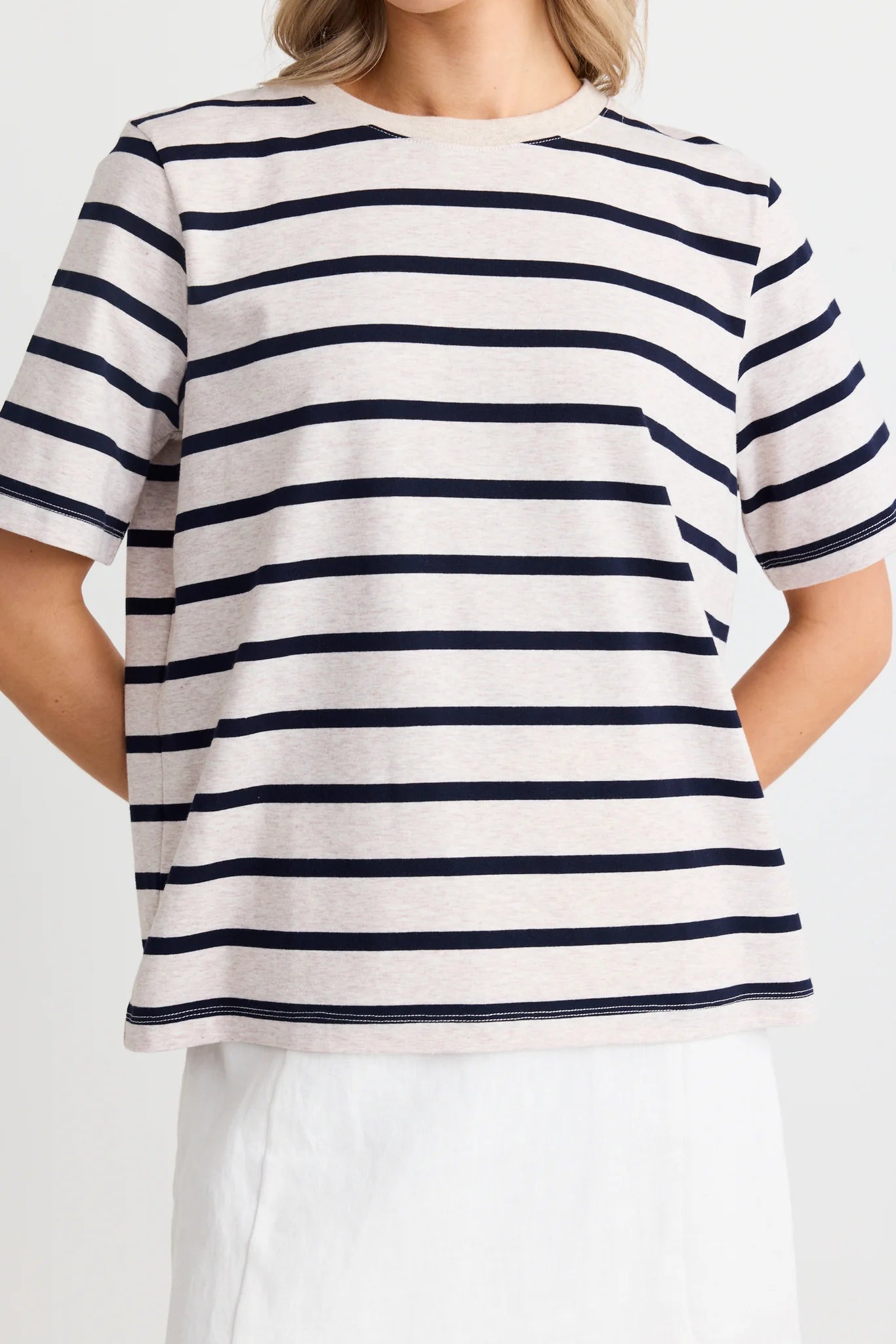 RE:UNION Binding Boxy Fit Stripe Tee Navy/Ecru