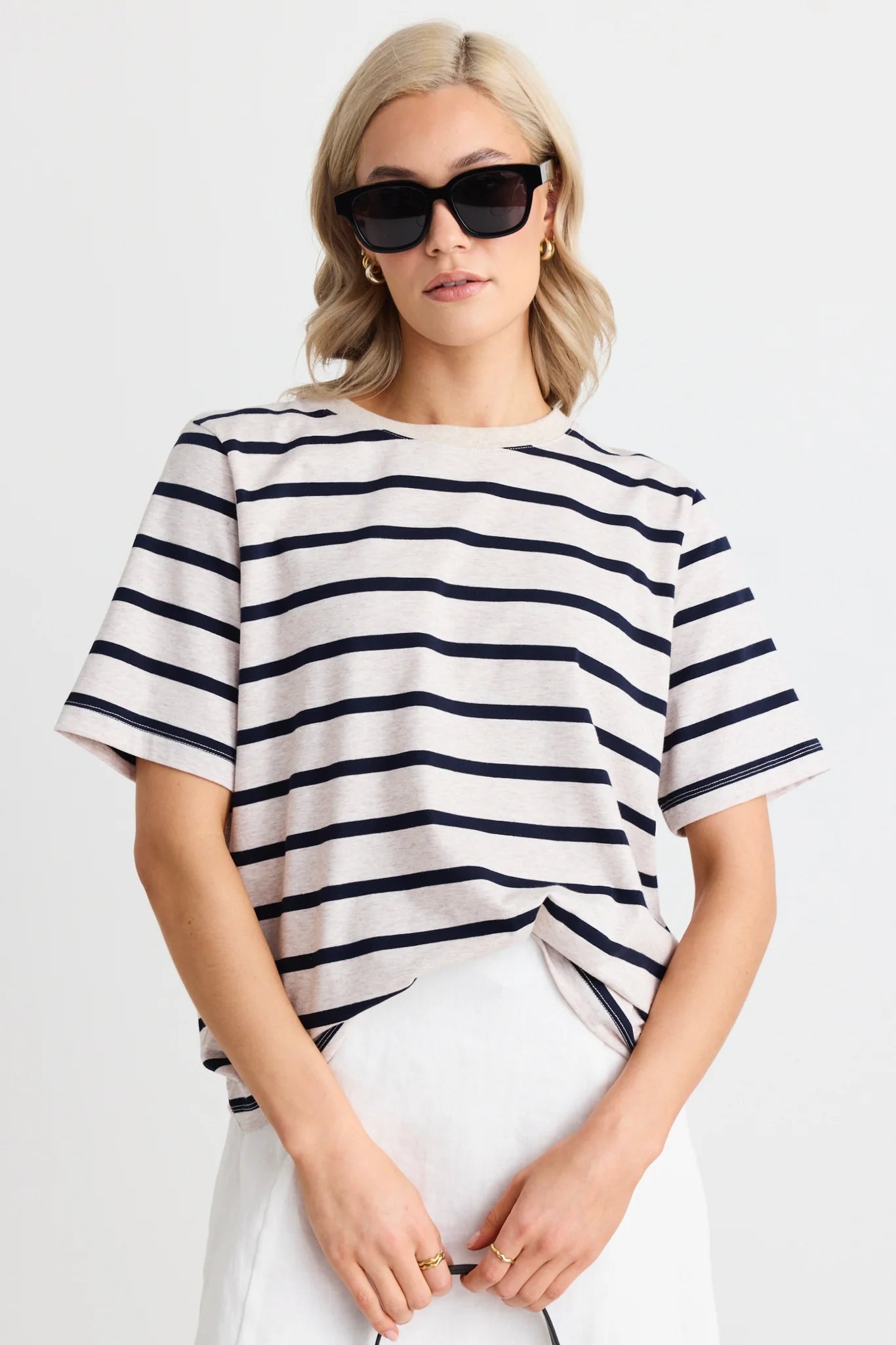 RE:UNION Binding Boxy Fit Stripe Tee Navy/Ecru