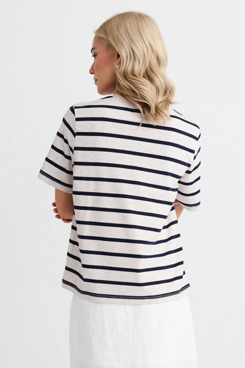 RE:UNION Binding Boxy Fit Stripe Tee Navy/Ecru