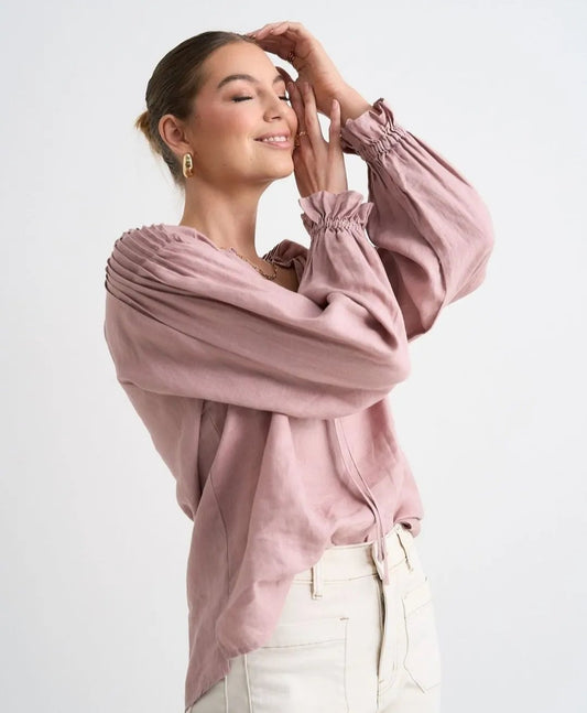 REUNION Birch Linen Pintuck Shoulder Tie Neck Top Pink Clay