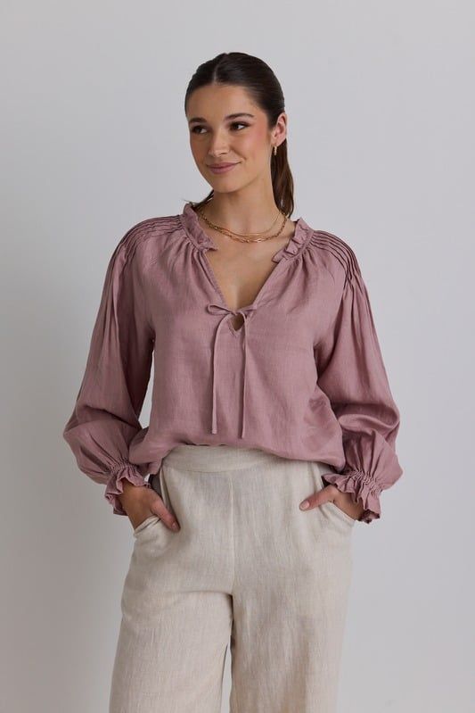 REUNION Birch Linen Pintuck Shoulder Tie Neck Top Pink Clay