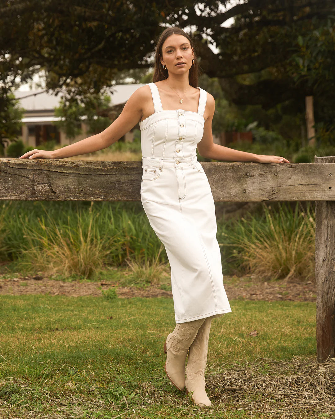 All About Eve Coco Denim Midi Dress Vintage White