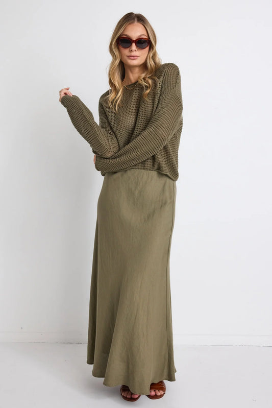 REUNION Dawn Soft Knit Crochet Jumper Khaki