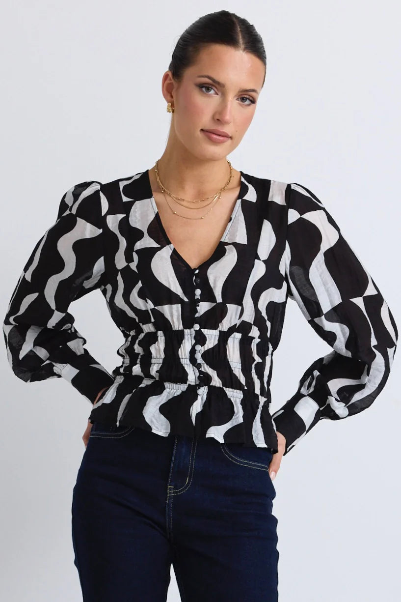 STORIES BE TOLD Fabled Black Wave Print Button Front Top