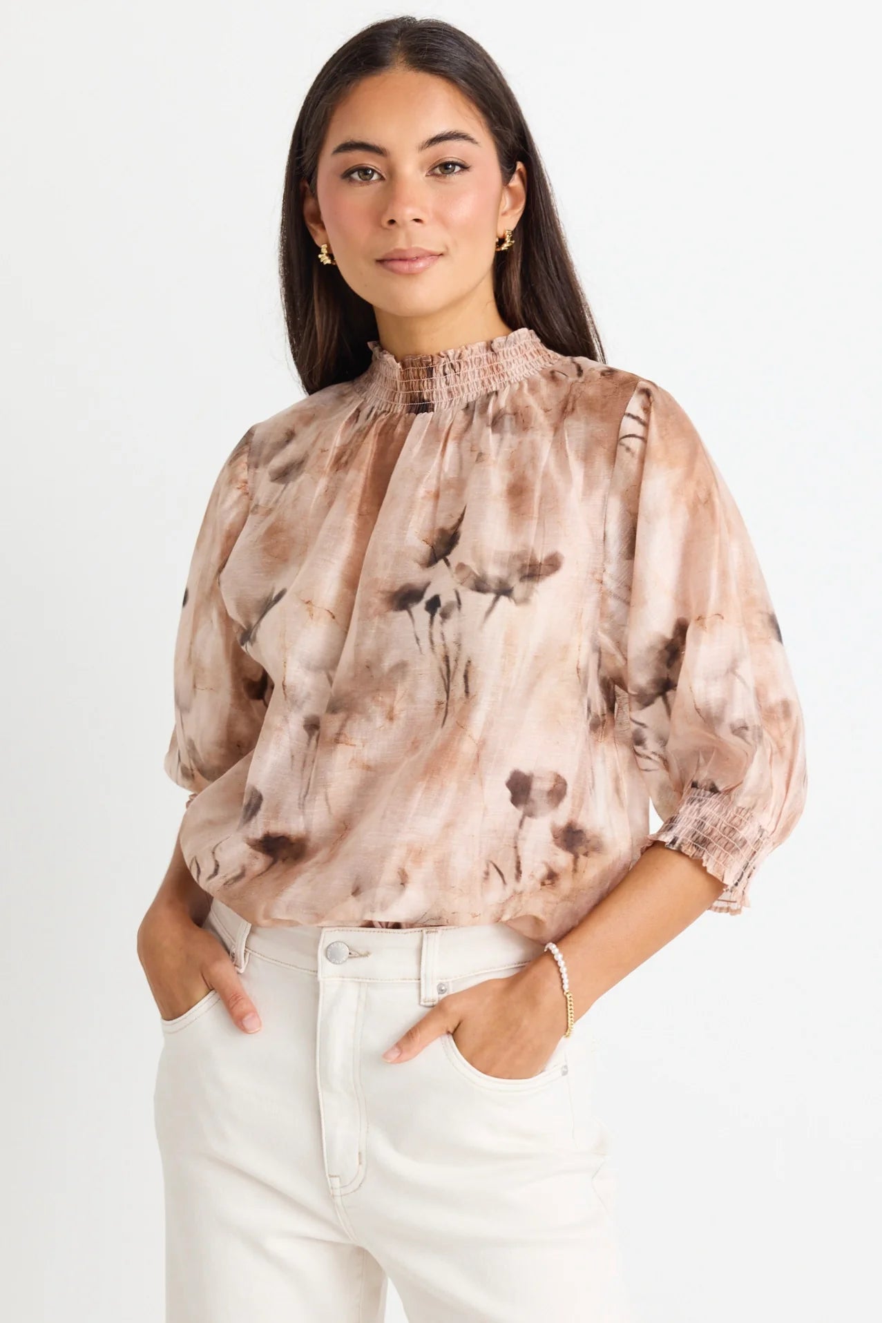 AMONG THE BRAVE Influential Chocolate Faded Floral Shirred Neck Top