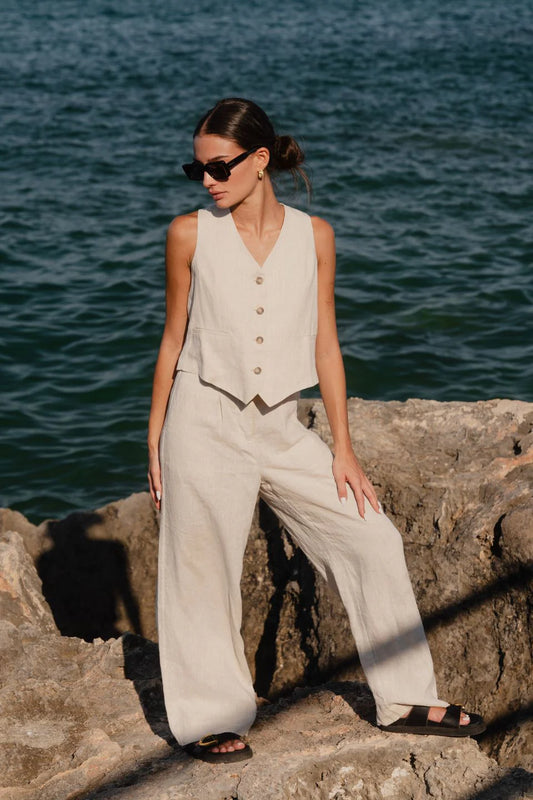 RE:UNION Island Natural Linen Viscoe Pleat Front Wide Leg Pant