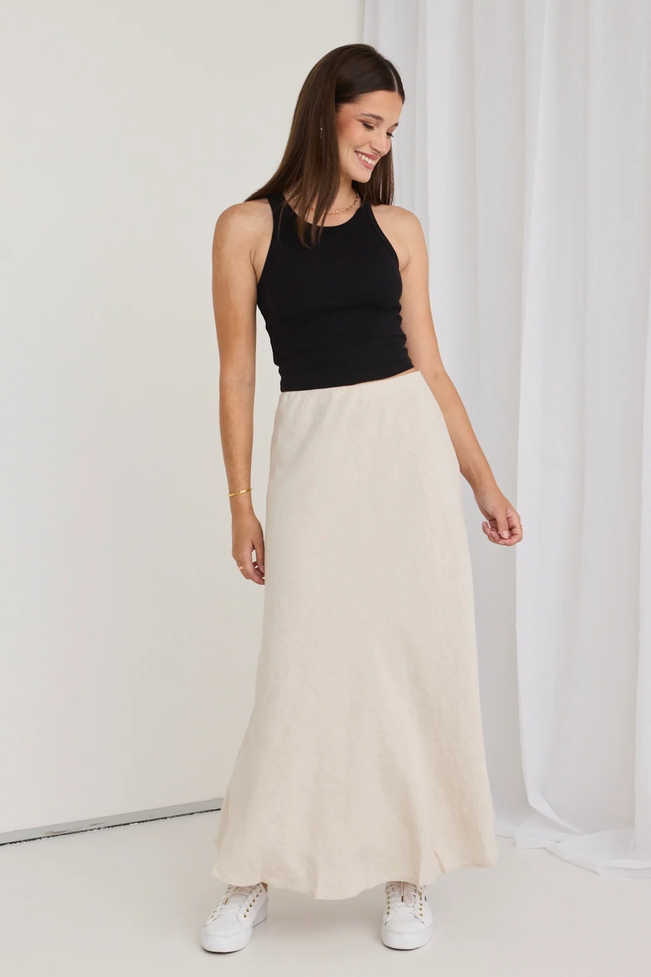 REUNION Lagos Natural Linen Bias Cut Maxi Skirt Natural