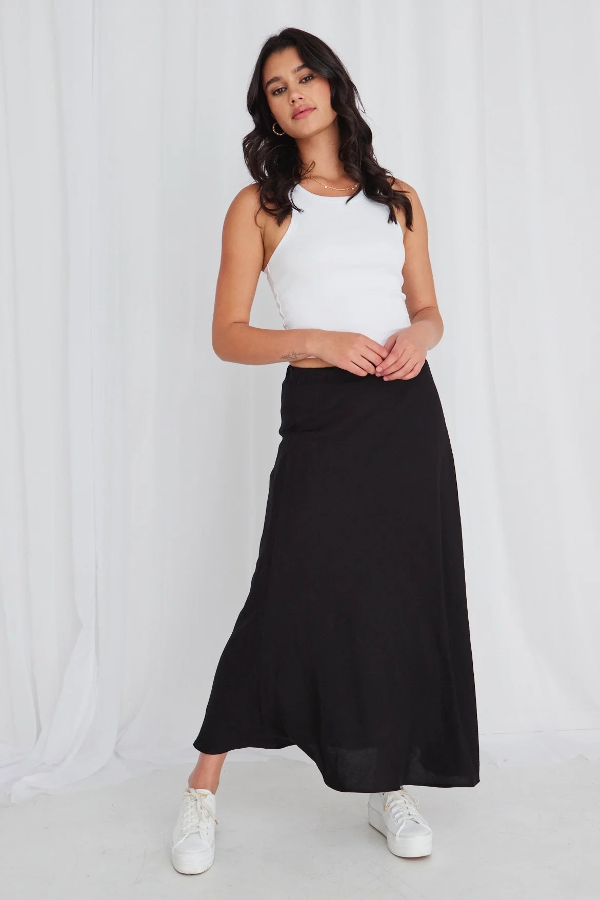 REUNION Lagos Black Linen Floaty Bias Cut Maxi Skirt.