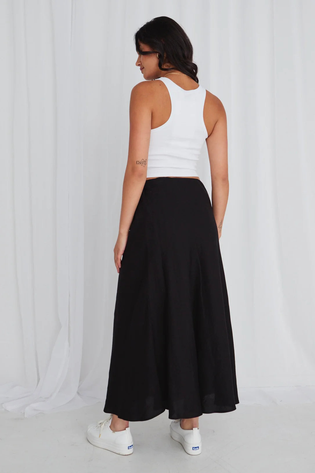 REUNION Lagos Black Linen Floaty Bias Cut Maxi Skirt.