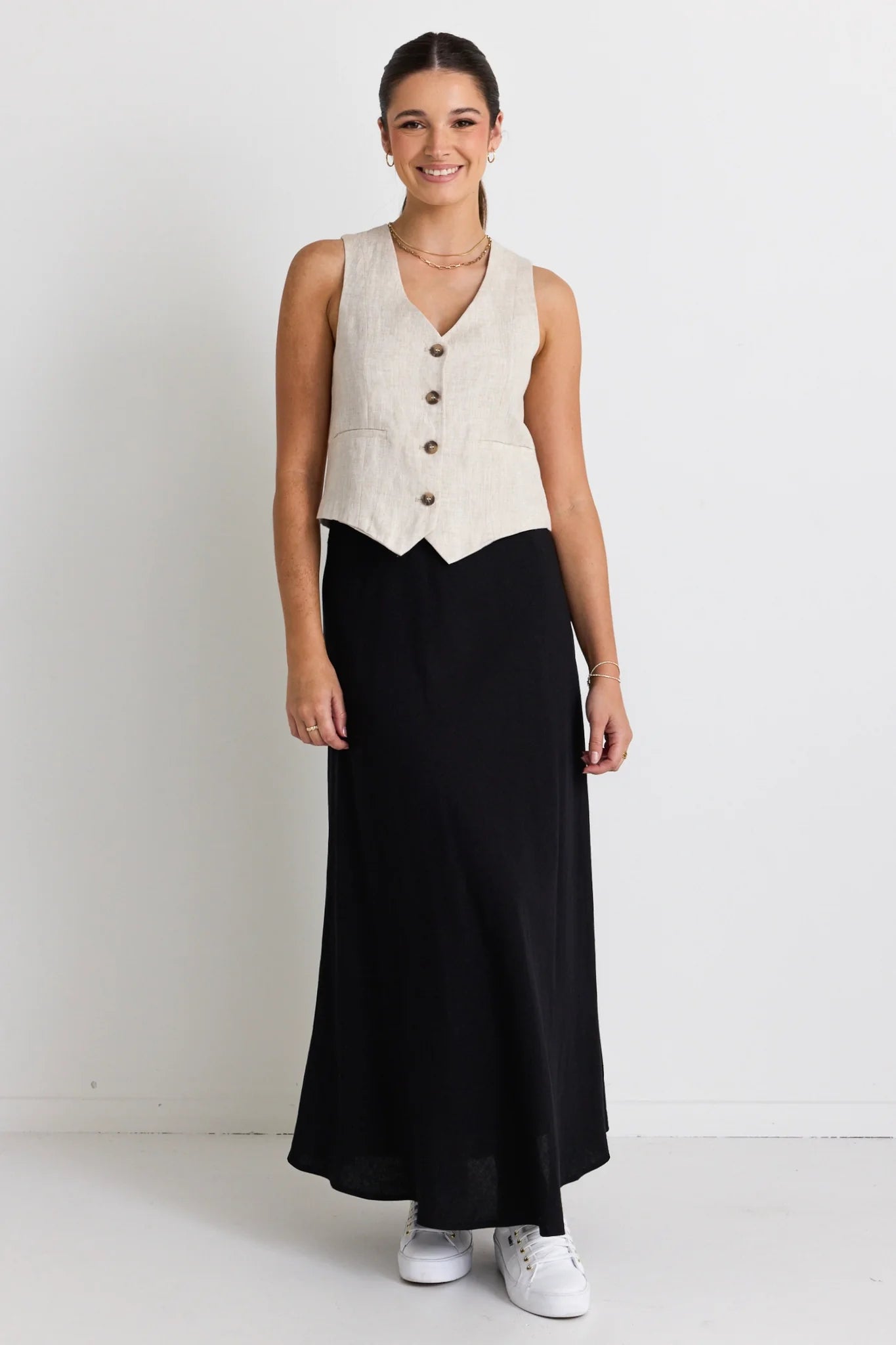 REUNION Lagos Black Linen Floaty Bias Cut Maxi Skirt.