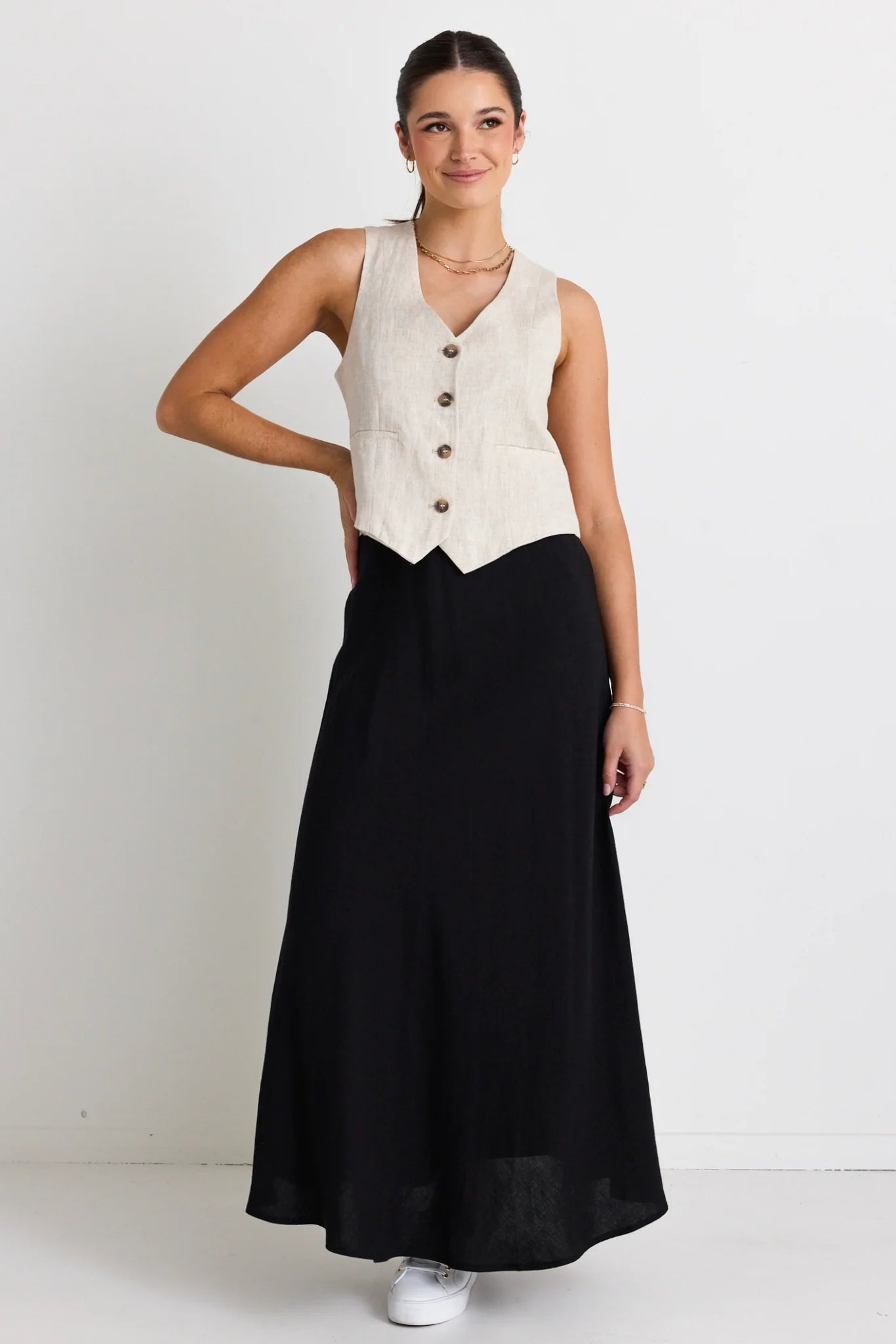 REUNION Lagos Black Linen Floaty Bias Cut Maxi Skirt.