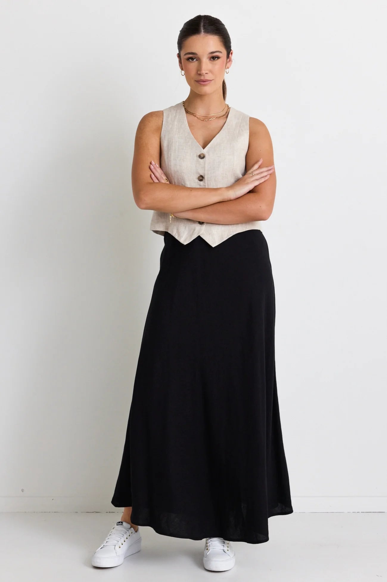 REUNION Lagos Black Linen Floaty Bias Cut Maxi Skirt.