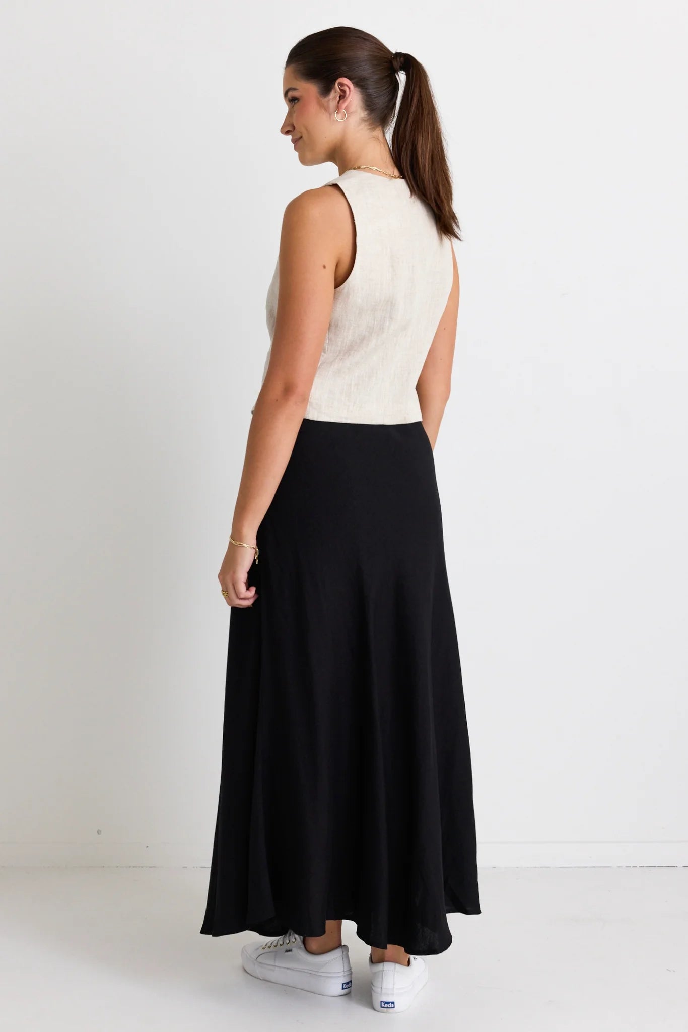 REUNION Lagos Black Linen Floaty Bias Cut Maxi Skirt.