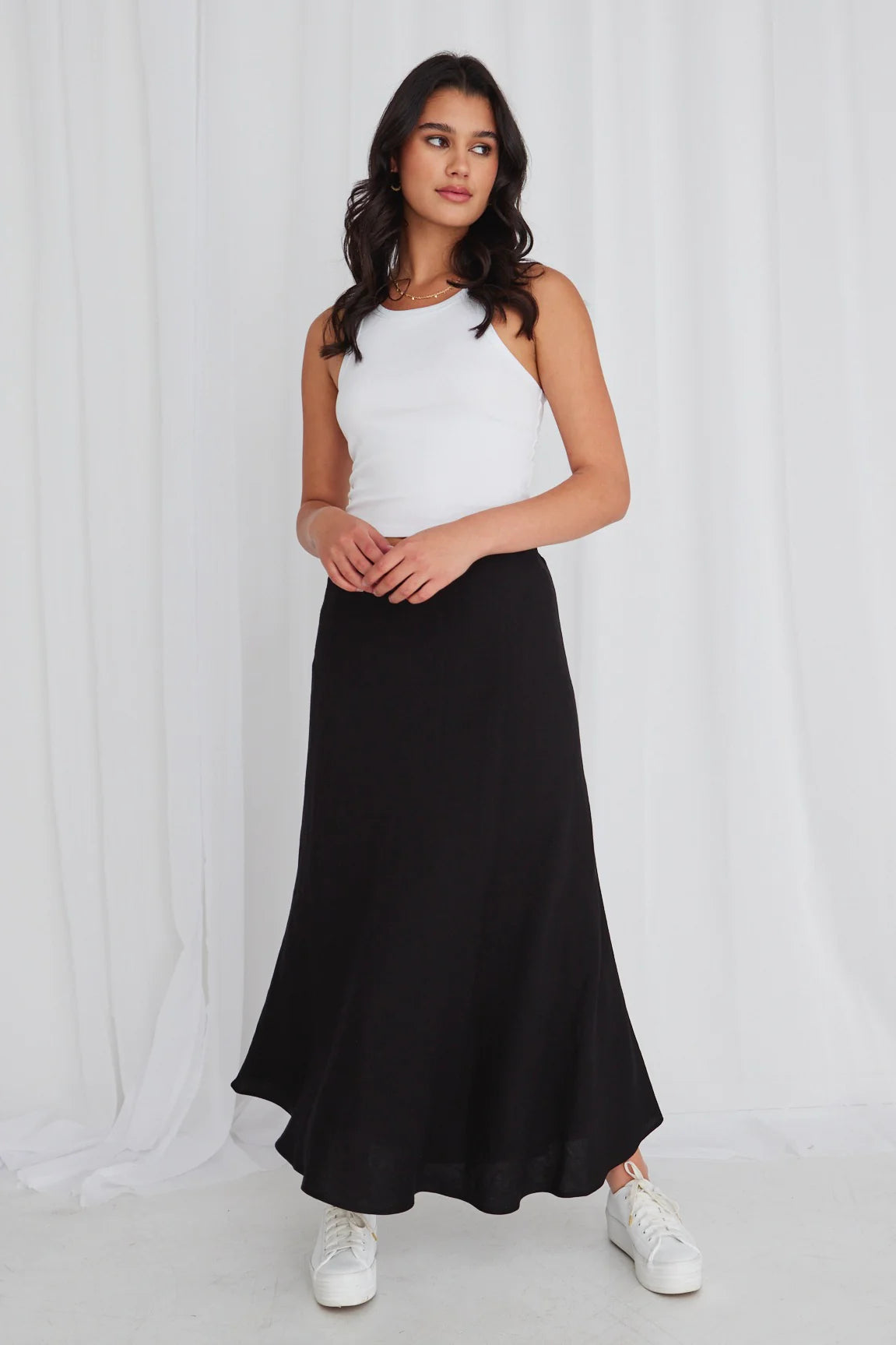 REUNION Lagos Black Linen Floaty Bias Cut Maxi Skirt.