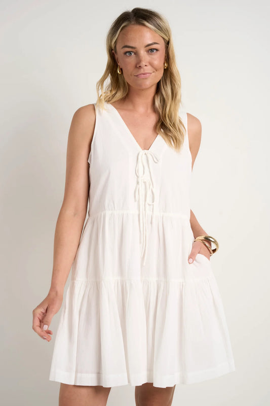 IVY & JACK Pivot White Cotton Sleeveless Tiered Mini Dress White