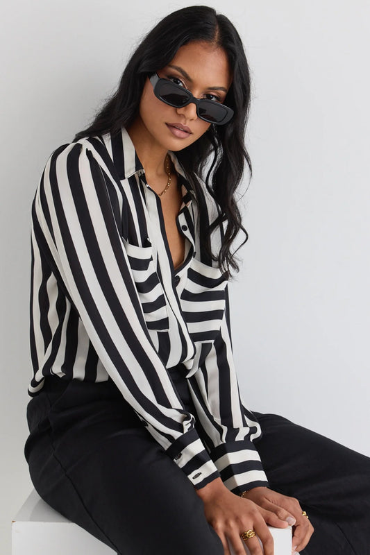 AMONG THE BRAVE Solidify Black White Stripe Puff Sleeve Shirt