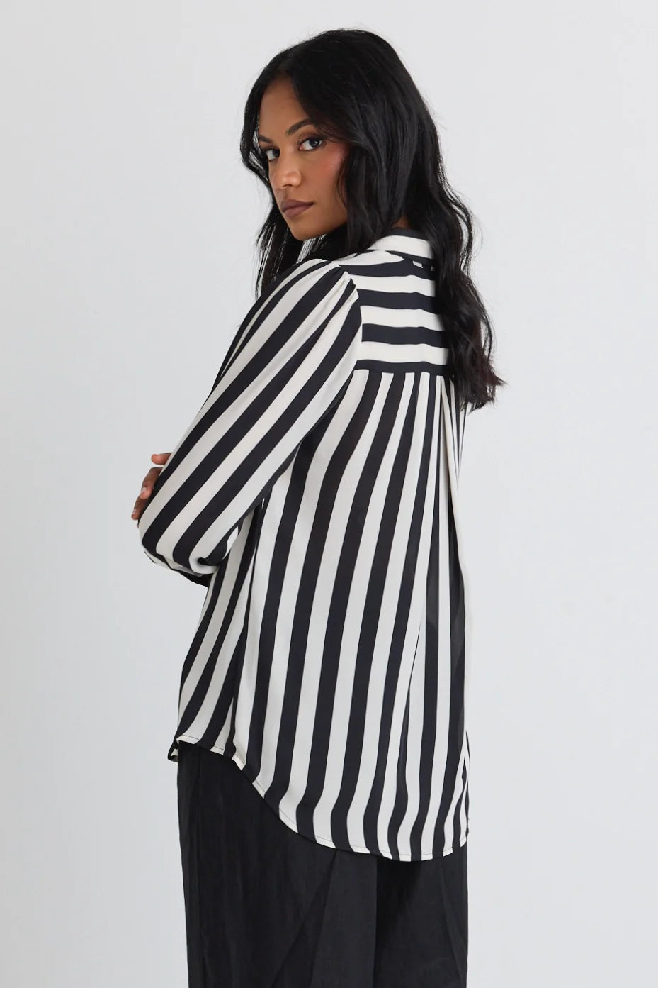 AMONG THE BRAVE Solidify Black White Stripe Puff Sleeve Shirt