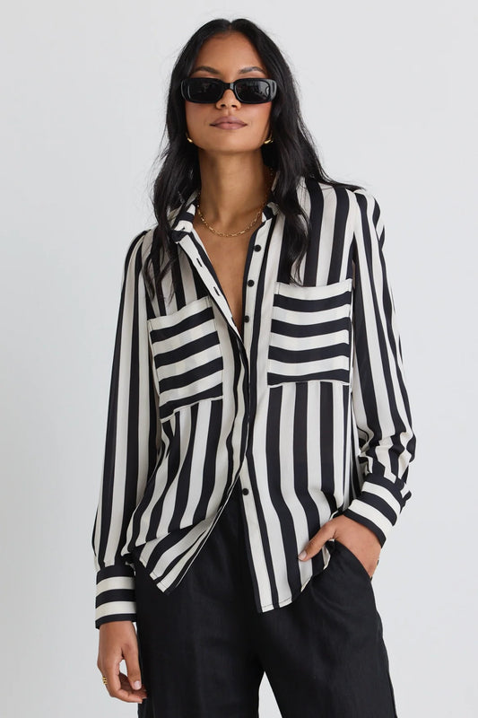 AMONG THE BRAVE Solidify Black White Stripe Puff Sleeve Shirt