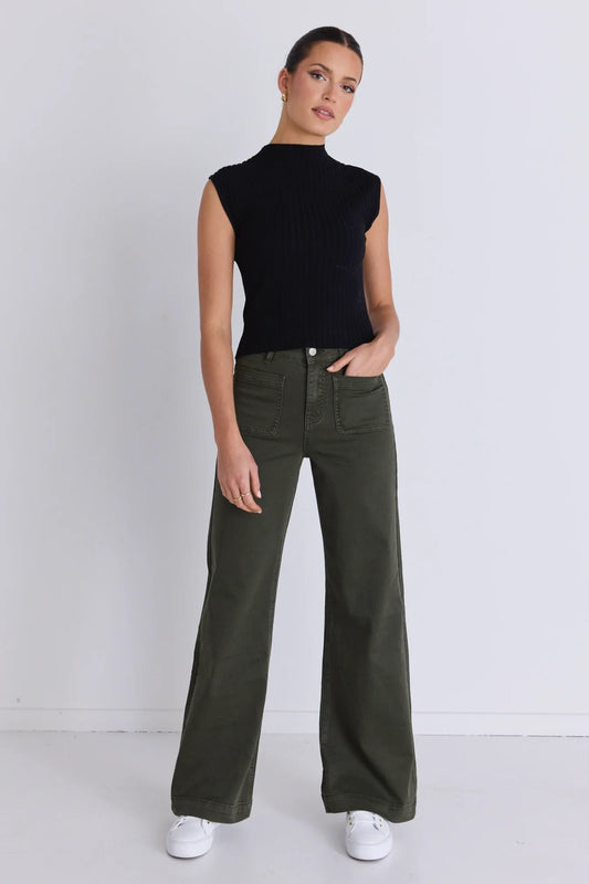 AMONG THE BRAVE Zoey High Rise Wide Leg Pocket Jean Khaki