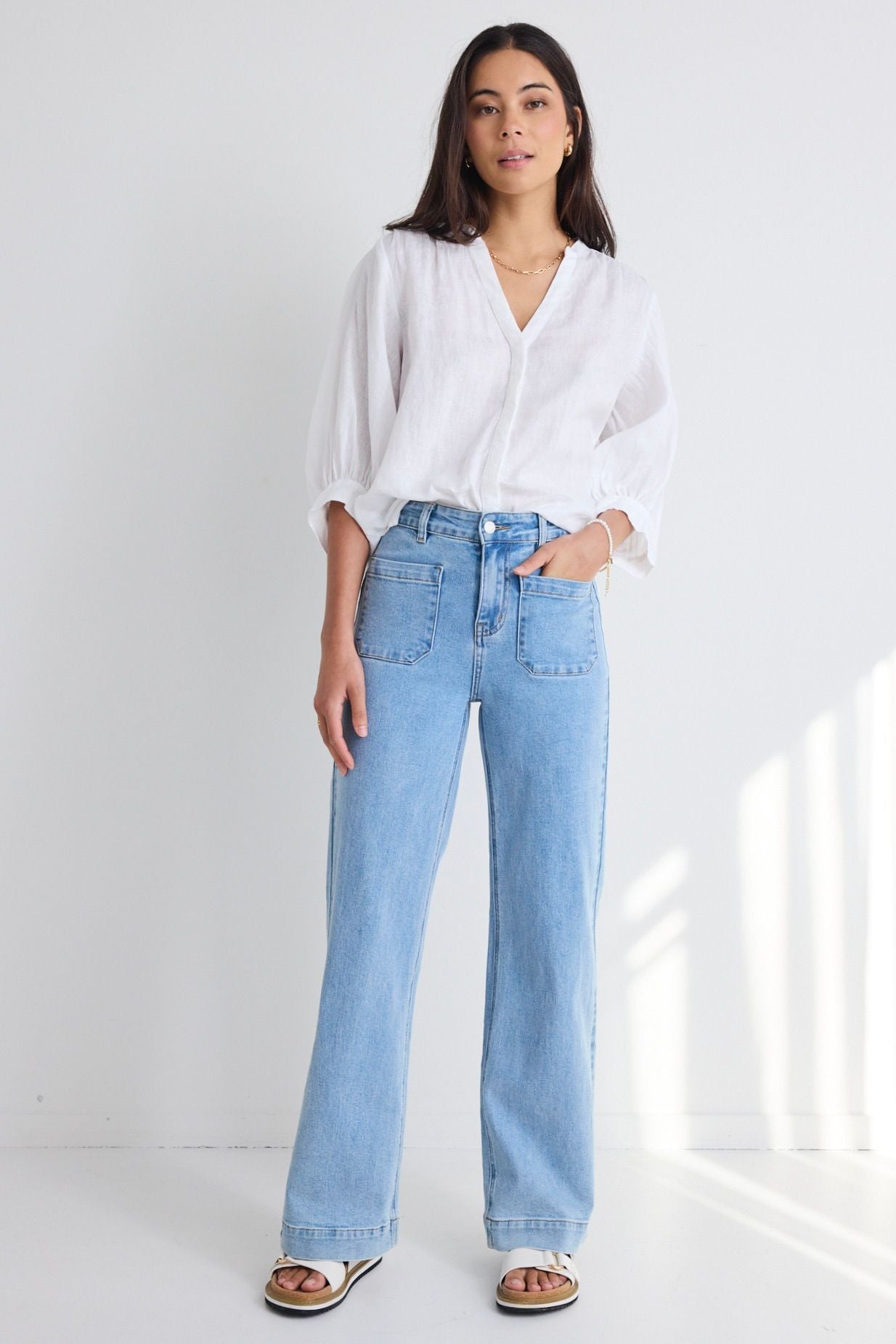 AMONG THE BRAVE Zoey Wide Leg Pocket Jean Light Blue